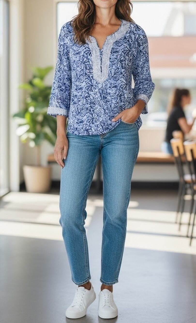 STS Sail to Sable 3/4 Sleeve Tunic Top Blue Monkey Palm Camo Tropical Preppy S